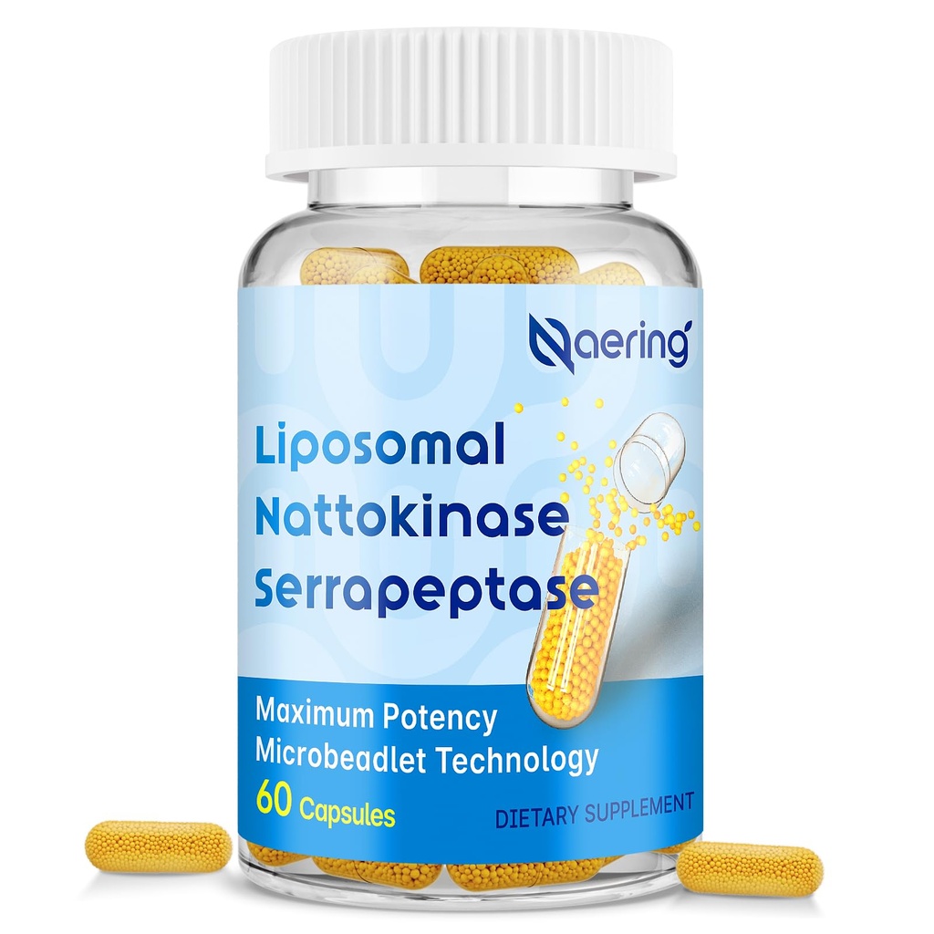Liposomal Nattokinase 12,000 FU Serrapeptase 360,000 SPU Enzyme Suplemento - Enriquecido con Enzimas Sinergistas y Nutrient Blend ' Inulin para Circulatory, Gut, Digestión 60 cápsulas (1 botella)