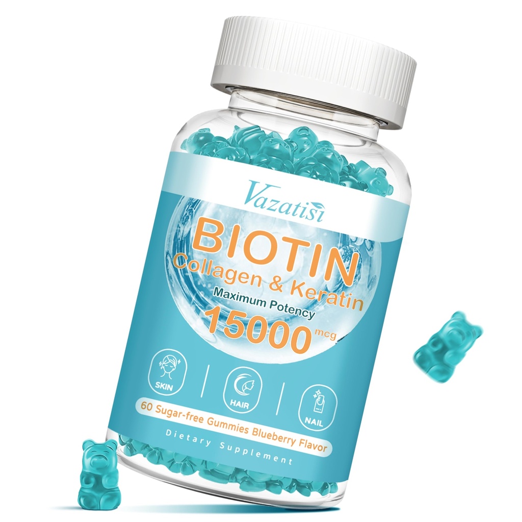 Biotina y colágeno Gummies con B12, Esquí de pelo y uñas Vitaminas Gummies para el crecimiento del cabello, Esquí de reluz &amp; uñas fuertes - Blueberry Flavor, Azúcar Gratis, 60 Ct