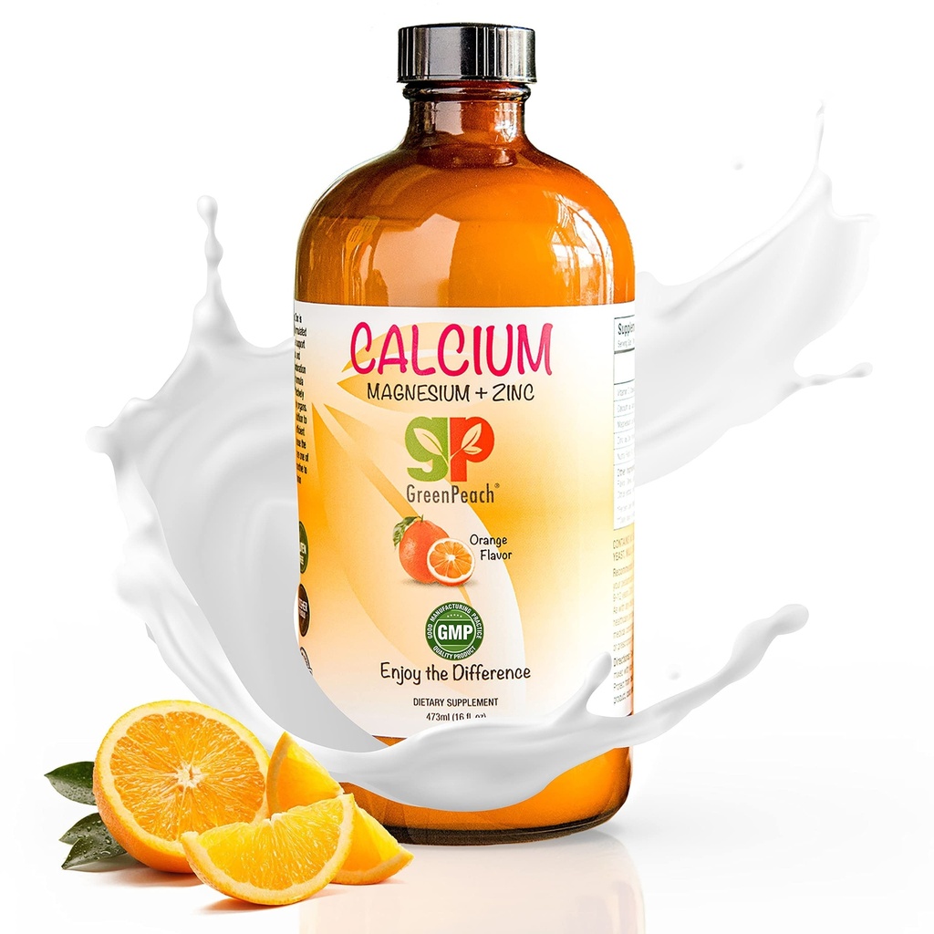 GreenPeach Organic Liquid Calcium for Kids - Magnesium, Zinc, Calcium Citrate & Vitamina D3 Calming Syrup & Liquid Calcium Supplement, NO Sugar NO Artificial Flavors, Vegetarian Halal Kosher