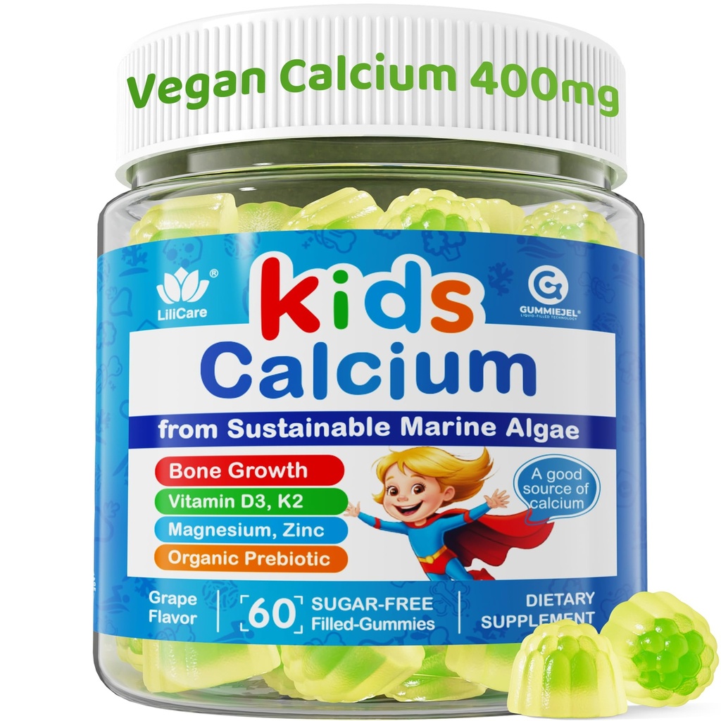 Los niños Calcio Gummies + Vitamina D3 K2, Magnesio, Zinc, Absorción Extra Algae Suplemento Calcio Para los niños Gentle to Stomach, Bone, Tientes, Muscle, Cerebro, Azúcar Niños Libres Chewable Vitaminas 4+, 60 Condes