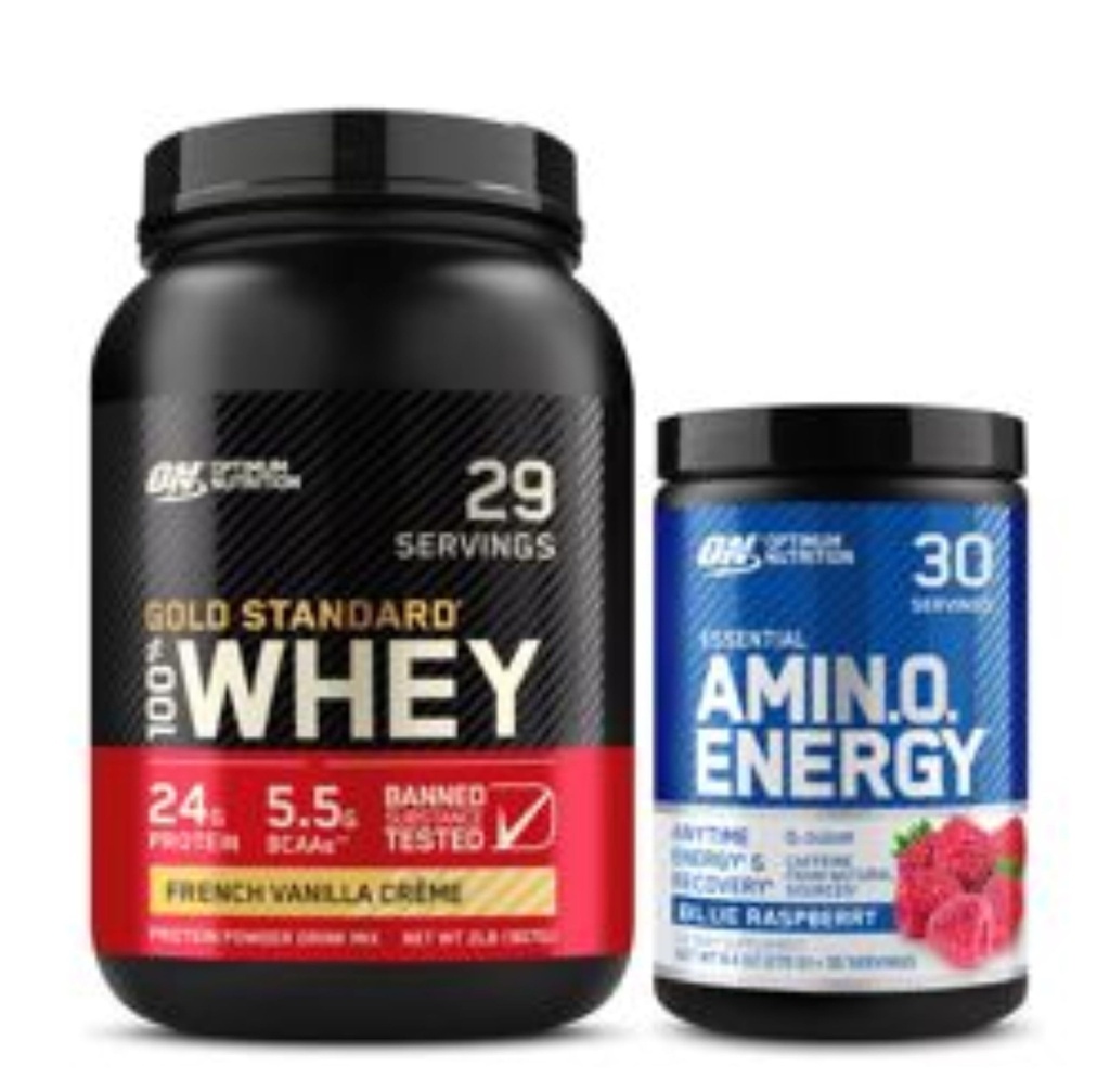 Optimum Nutrition Dynamic Duo Bundle: Amino Energy, Blue Raspberry (30 Servings) y Gold Standard 100% Whey Protein Powder, French Vanilla Creme (29 Servings)