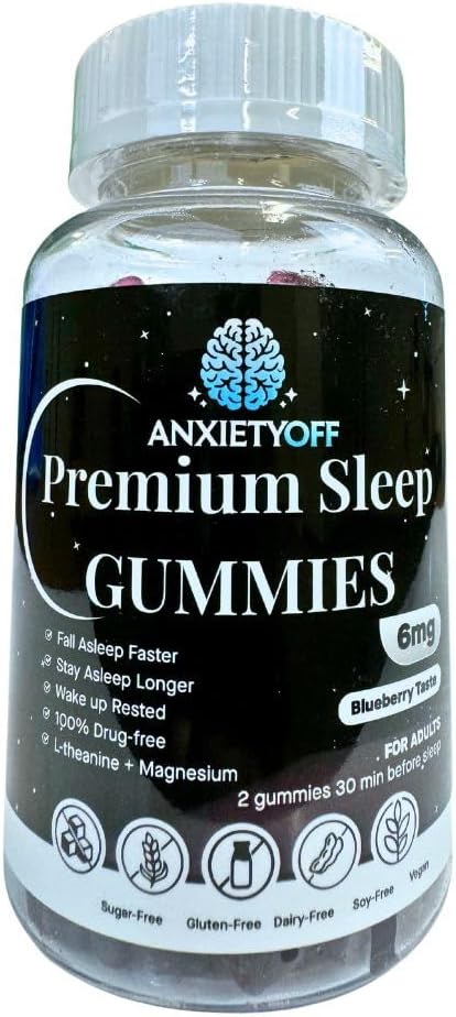 AnsiedadOff Premium Gummies de sueño, Blueberry Flavor, Vegan, Libre de azúcar, 60 Gummies
