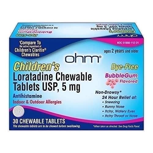 Ohm Loratadine Chewable, Dye Free, Bubblegum, Non-Drowsy 24h Relief of Sneezing, Runny Nose, Watery Eyes, Itchy Throat o Nose, Antihistamine, Indoor &amp; Outdoor Alergies, 5mg, 30 Tablets