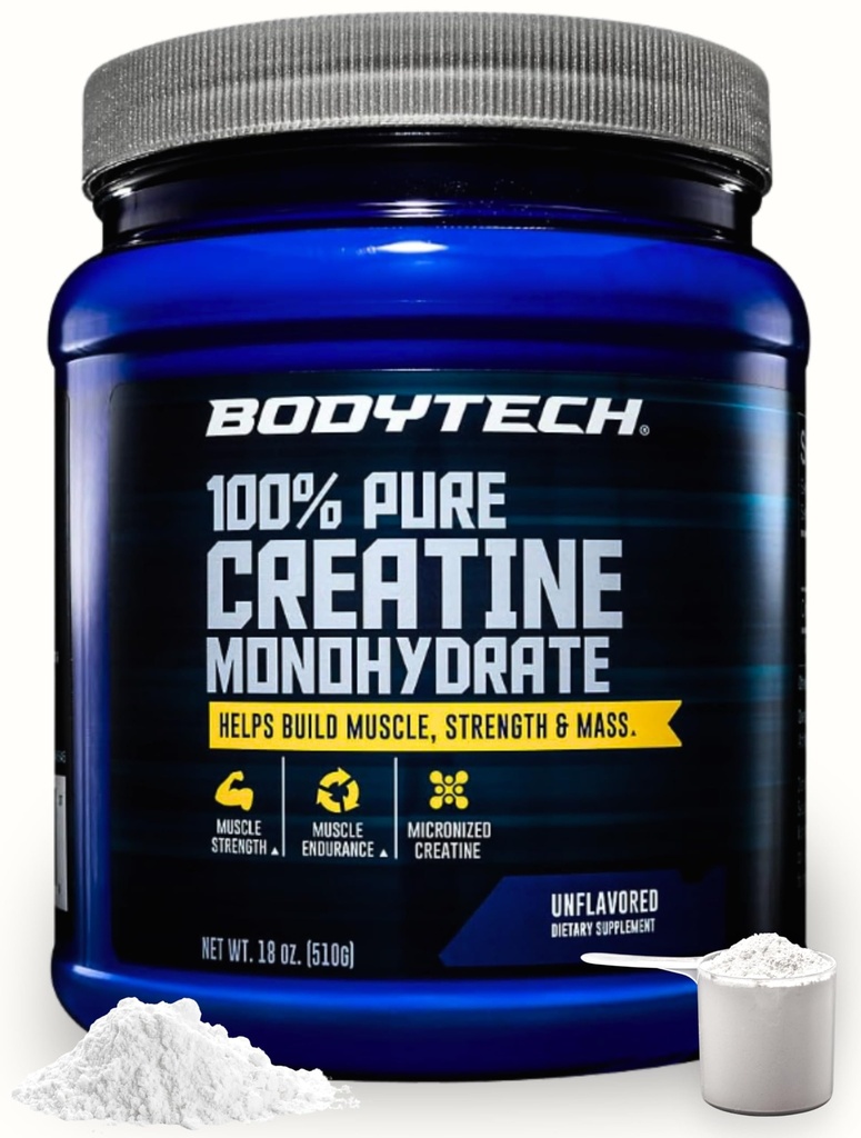 BODYTECH 100% Pure Creatine Monohydrate Powder - Premium Micronized Creatine for Enhanced Muscle Strength and Performance - Supports Muscles, Recovery, and Strengthening Exercise (18oz/102 Servings)