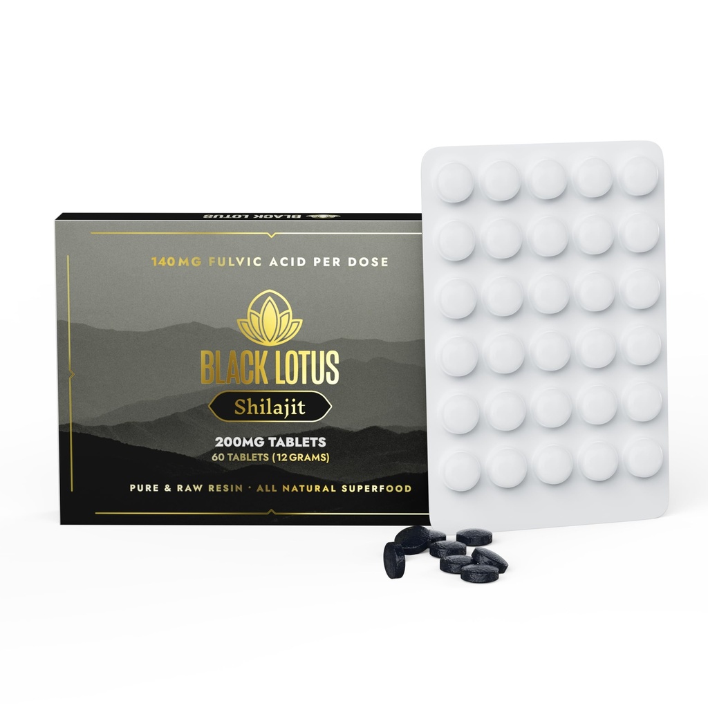 Black Lotus Shilajit Resin Tablets, 60 Conde, 200mg Cada, 100% puro Shilajit natural para Hombres &amp; Mujeres con Aminoácidos, 140mg Ácido Fulvic, 85 Ionic Trace Minerals, para Immune Support, Focus, Energy