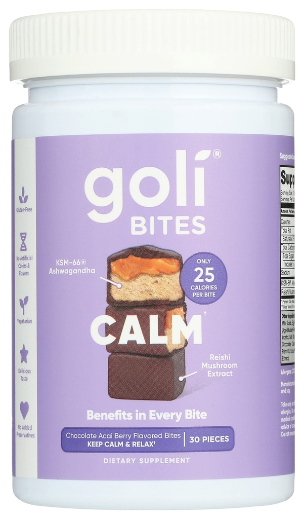 Goli Nutrition Calm Ashwagandha Bites Chocolate Acai Berry Flavor, Caffeinated, Vegetarian, Gluten Gratis y No Añadido Preservadores, 30 piezas (Pack of 1)