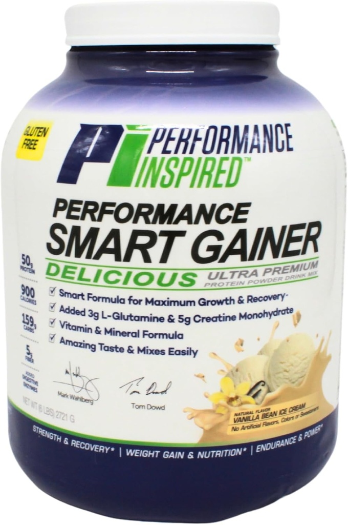 Performance Inspired Nutrition Smart Mass Gainer – 50G Protein, 900 Calories, Creatine, L-Glutamine " Digestive Enzymes – Crecimiento muscular " Recuperación – Crema de hielo de grano de vainilla – 6 lb
