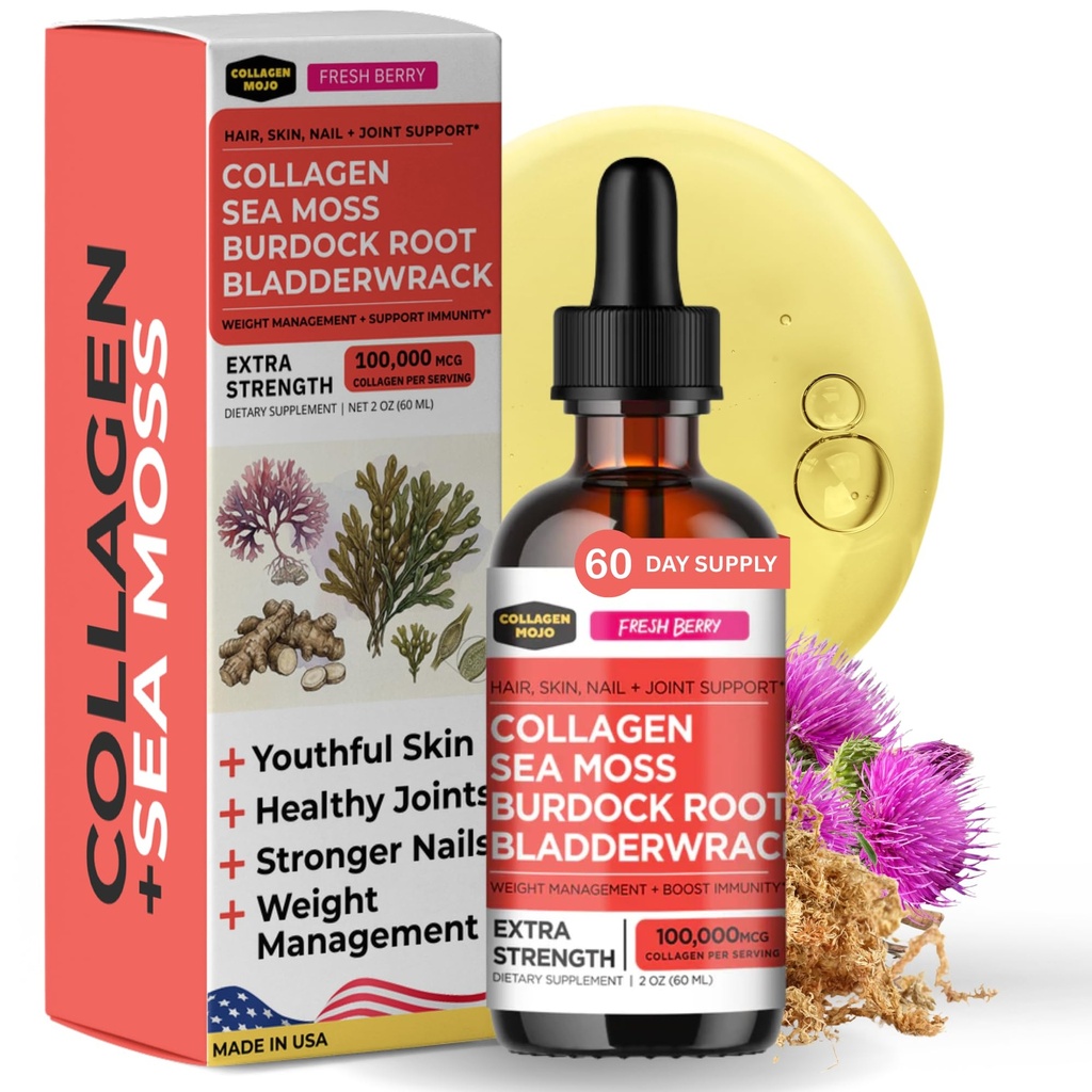 Collagen Mojo - Líquido Collagen para Hombres Mujer, Peptides de Collagen con Moss Mar, Burdock Root & Bladderwrack - Cabello, Esquí, uñas, soporte conjunto, gestión de peso, alta absorción - 100.000mcg, 2 Oz