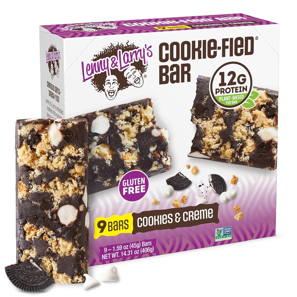 Lenny & Larry's Cookie-fied Protein Bar – Cookies & Creme Vegan Protein Bares 9x45g – Snacks saludables con 12g Plant Protein & 5g Fiber – Gluten free Power Bar, Keto Friendly, Non-GMO & Vegan