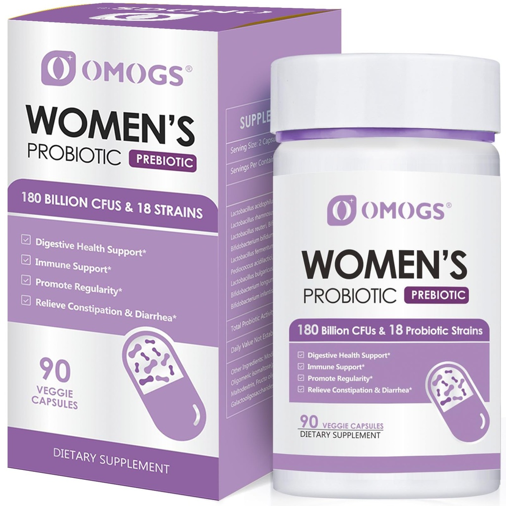 OMOGS Mujer Probiótico 180 Billones CFUs 18 Strains, con Prebióticos Orgánicos, Extracto de Arándano, D-Mannose & Enzimas Digestivos, para Digestivo, Boost Immune, PH Balance &amp; Urethral Health, 90 cápsulas
