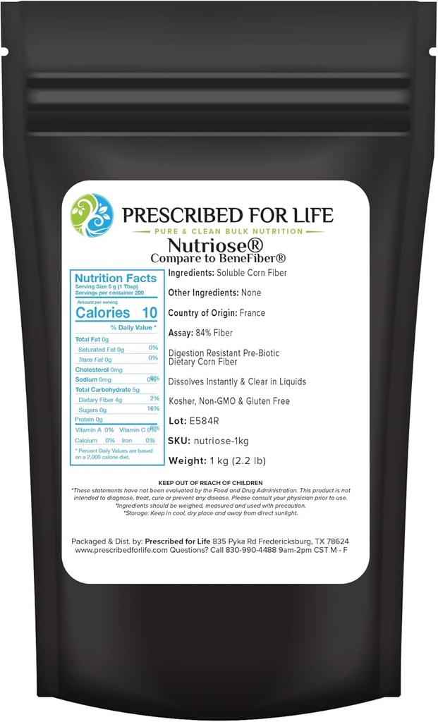 Prescrito para el polvo de nuez, suplemento de fibra natural, fibra de maíz soluble prebiótico para adultos, libre de gluten, vegano, no GMO (1kg / 2.2lb)