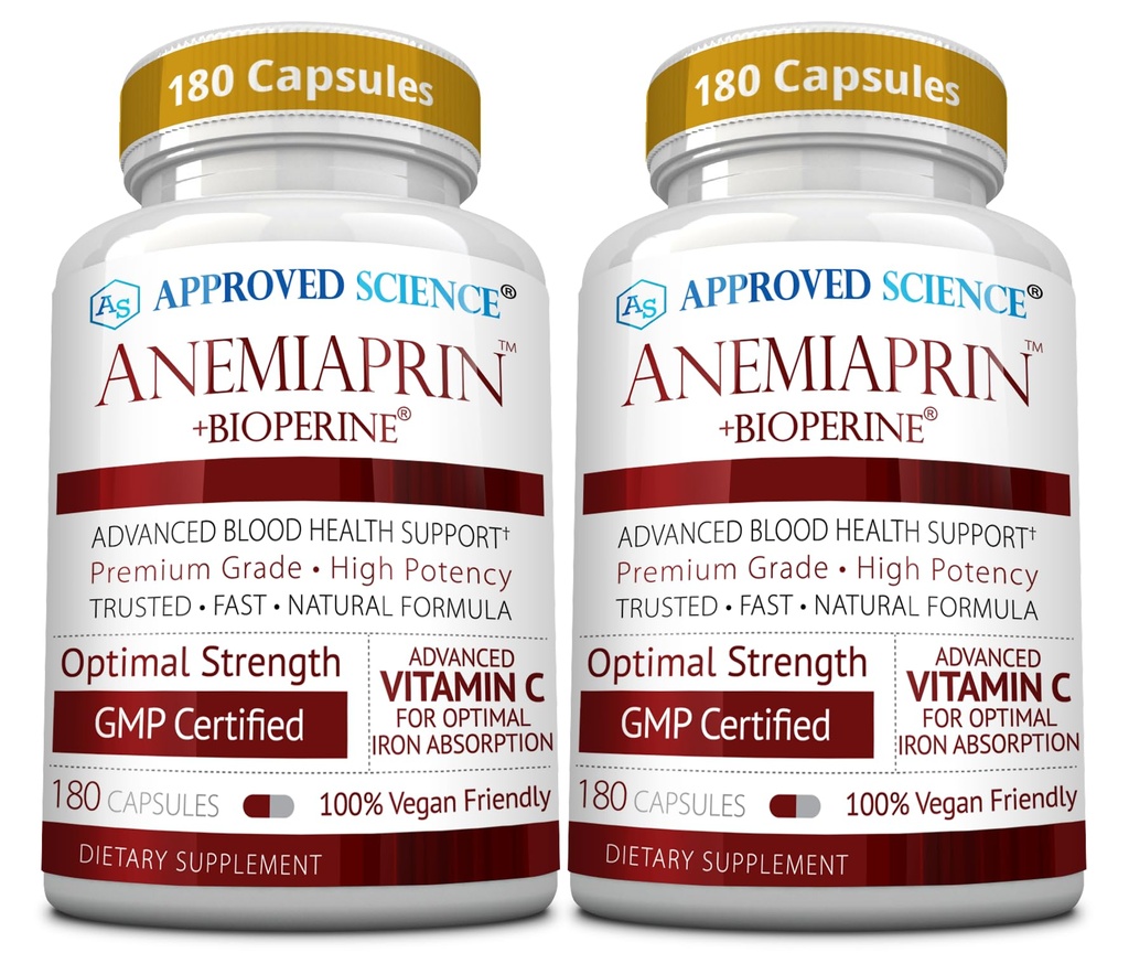 Anemiaprin de ciencias aprobadas - Hierro Absorbable, Vitamina C - Gentle On Stomach - 380 cápsulas - 6 meses de suministro - No GMO, Vegan