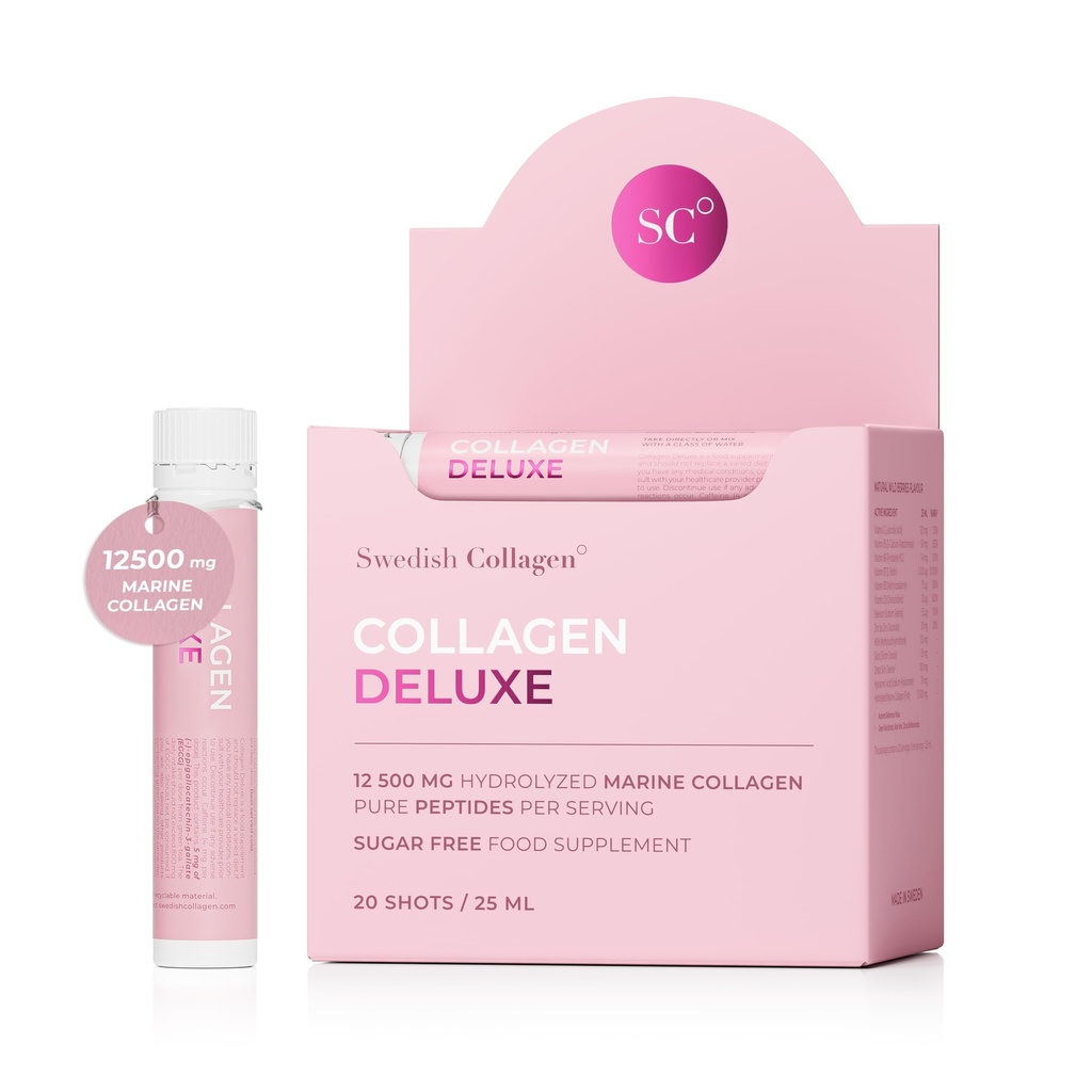 Sueco Collagen Deluxe ← 12,500 mg Hidrolyzed Marine Collagen Liquid Supplement - 20 x 25 ml Daily Shots TEN Hyaluronic Acid, Biotin y Vitamina C for Healthy Hair, Skin, Nails and Joints