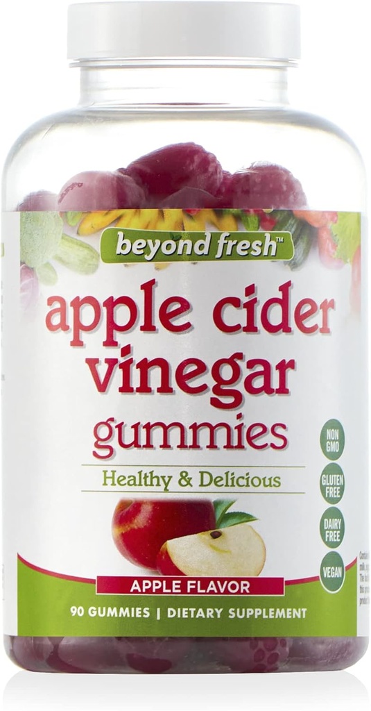 Más allá de las gomas frescas de vinagre de manzana, apoya la digestión, mantén el equilibrio de agua, debloat, rico en energía que acumula vitamina B12 y B9 (ácido alimenticio), Vegan, libre de lácteos, libre de gluten, 90 cuenta, multi