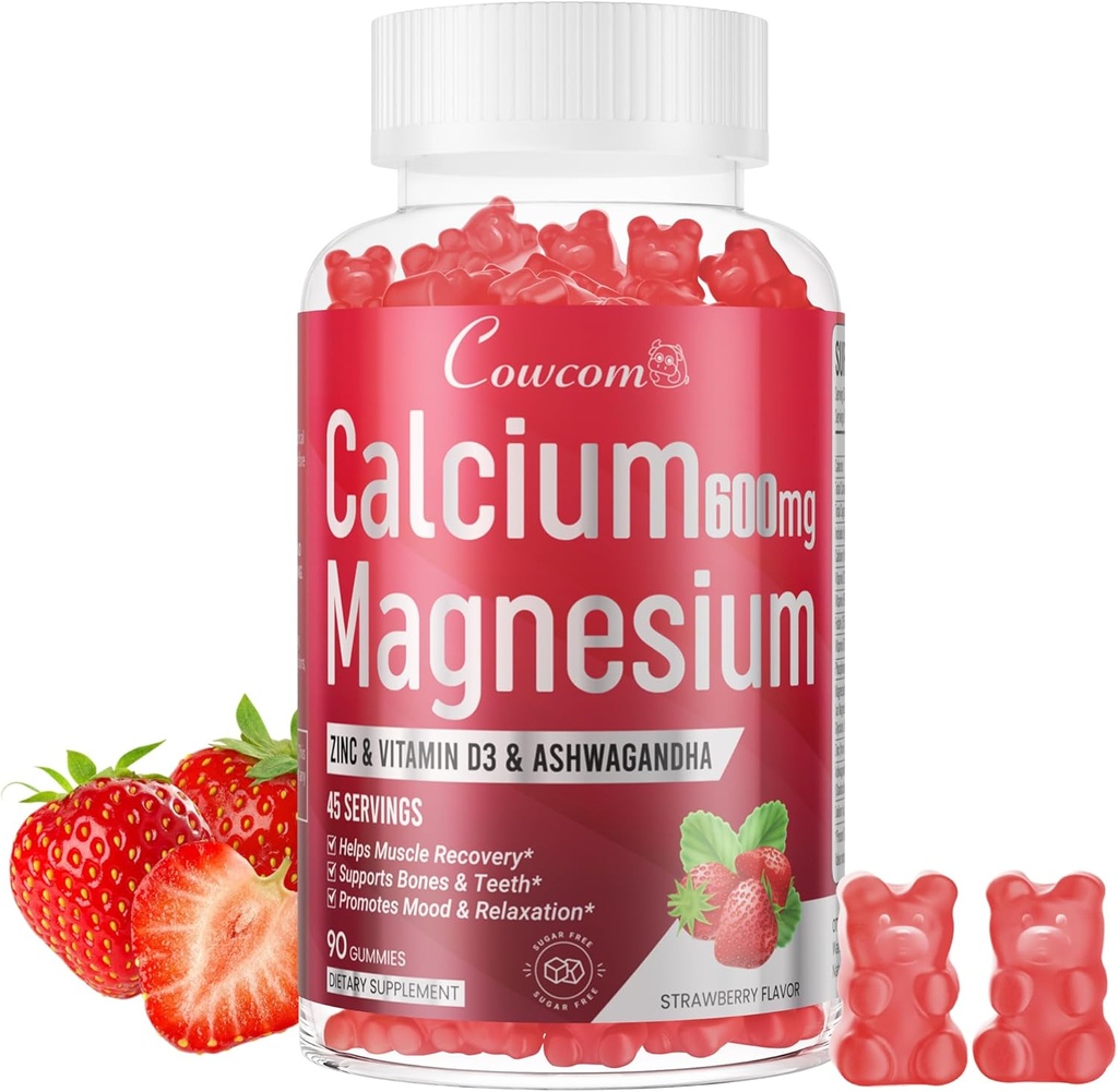 Calcio Magnesio Zinc Gummies &amp; Vitamina D3,B6,B12,Inmune &amp; Supporting Bone Health Calcium Magnesium Supplement for Women Men,Sugar-Free Vegan Strawberry Flavor 90 Condes