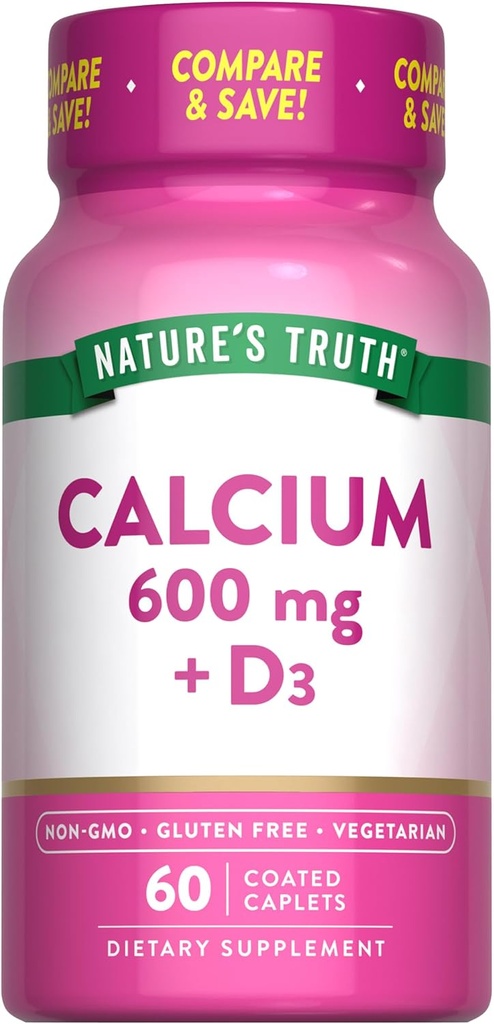 Verdad de la naturaleza Calcio 600 mg con Vitamina D3 ← Coated Caplets  Calcium Carbonate Silencio Vegetarian, Non-GMO & Gluten Free Supplement