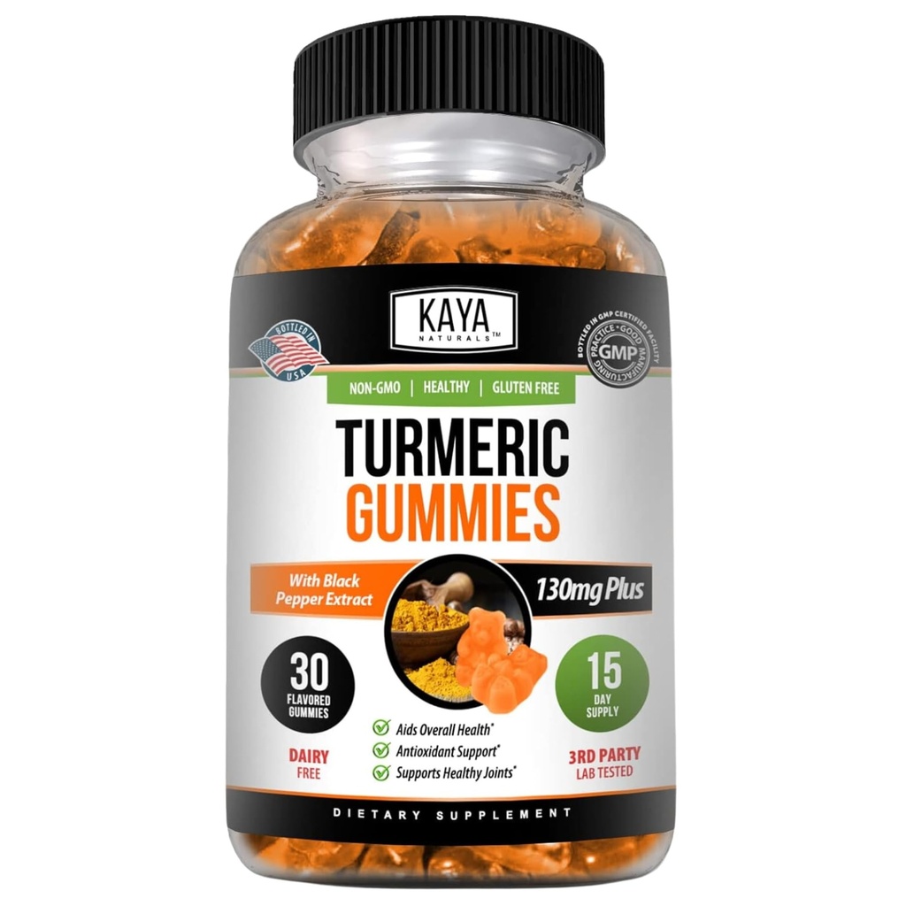 Kaya Naturals Suplementos Turméricos Gummies - Pura Naturaleza Turmérica Curcumin -Turquía Ginger Gummies - 30 Conde Gummy - Turmérico con Black Pepper Extract