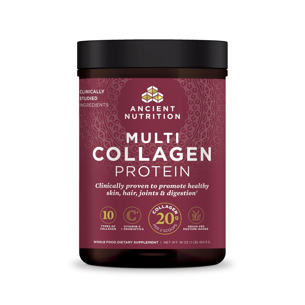Proteína de polvo de Collagen de Nutrición Antigua con Probióticos, Proteína Multi Collagen Desarrollada con Vitamina C, 45 Servimientos, Péptidos de Collagen Hidrolyzed Soporta la piel y las uñas, Salud Gut, 16oz