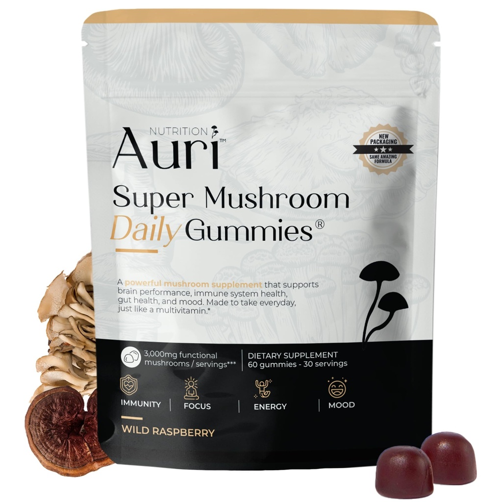 Auri Super Mushroom Daily Gummies - All-in-One Daily Mushroom Suplemento Gummy - 12 Mushroom Blend con Chaga, Lions Mane, Reishi, Cordyceps - 60 Gummies