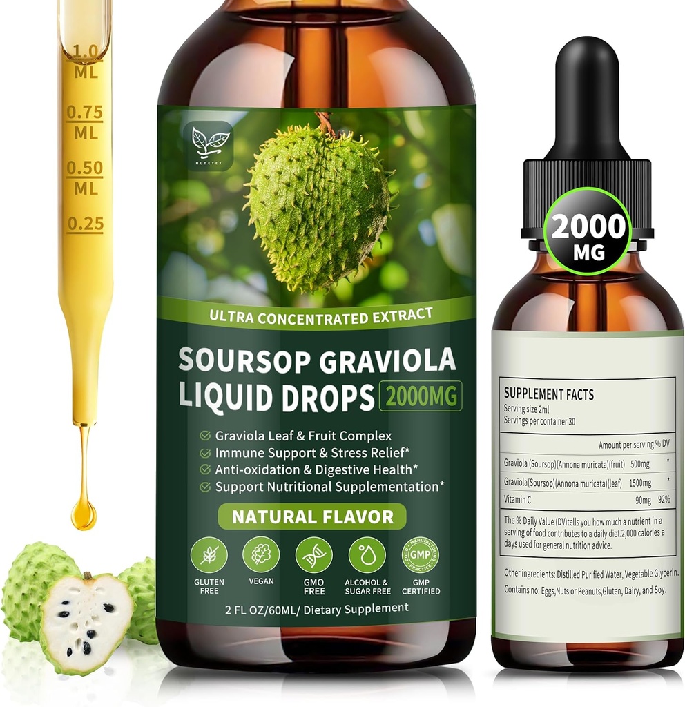 Soursop Graviola Liquid Drops 2000mg, Organic Soursop Extract - 98% Absorption Soursop Bitters Liquid for Cell Support & regenera and Immune Boost, Sugar/Gluten Free, Natural Flavor, 2 Fl Oz