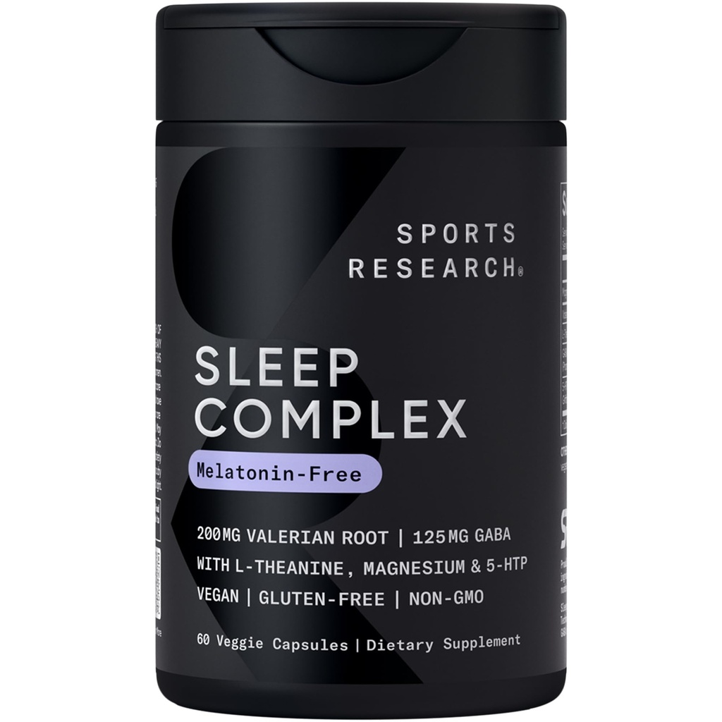 Sports Research® Sleep Complex-Melatonin-Free Vegan Capsules - con Valerian Root, GABA, L-Theanine, Magnesium & 5-HTP - 30 Servimientos
