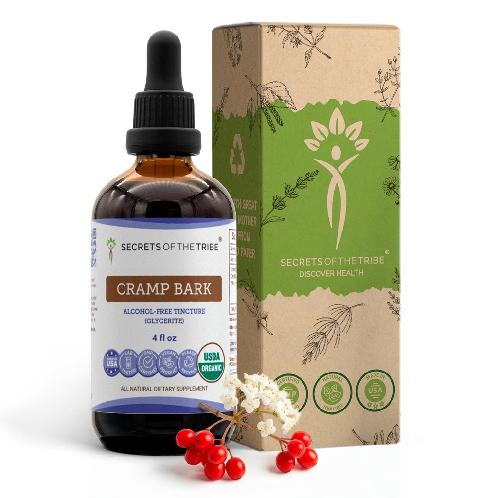 Secrets of the Tribe Cramp Bark USDA Organic ← Extract sin alcohol, High-Potency Herbal Drops ← Hecho de 100% Certified Organic Cramp Bark (Viburnum Opulus) Dried Bark 4 oz
