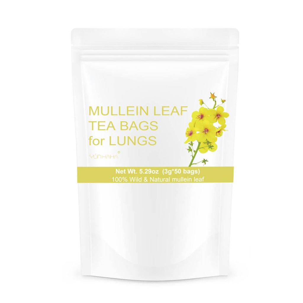 50 bolsas Mullein Leaf Tea Bags for Lungs Cleanse Detox, Natural Dried Herbal Mullen Mullin Leaf Tea Lung Health for Breathe Easy, Caffein-free, Immune Support
