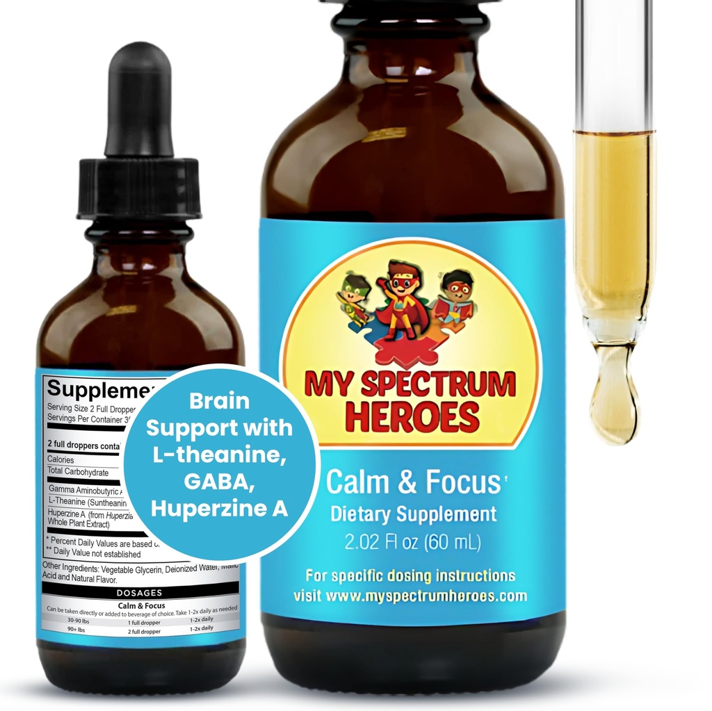 My Spectrum Heroes Calm & Focus Supplement Drops - Brain Support with L-theanine, GABA, Huperzine A - Enhance Focus for Kids or Adults - Boost Concentration for Kids &amp; Teens - 2.02 FL oz. (60 ml)