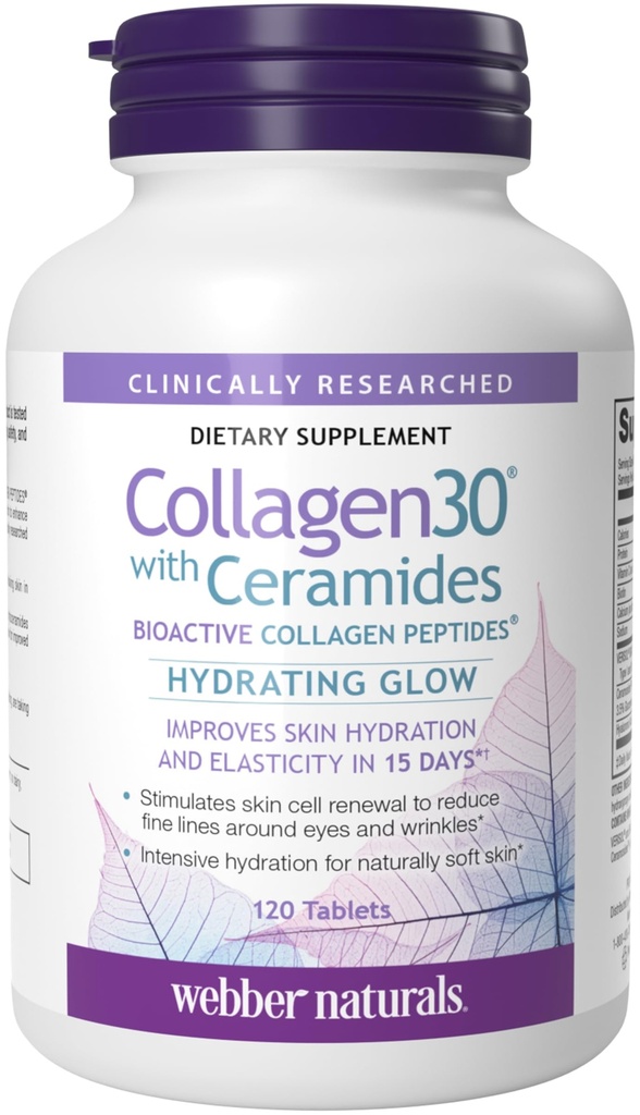 Webber Naturals Collagen30 con Ceramides, Bioactive Collagen Peptides, 120 Tablets, Hydrating Glow, Ayuda a mejorar la hidratación de la piel, elasticidad " Smoothness, Non GMO, Dairy " Gluten Free
