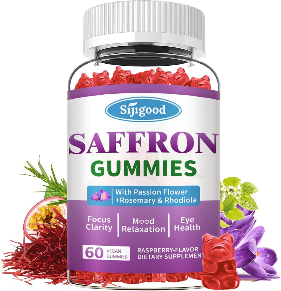 Saffron Gummies - Suplemento de Safrón Libre de Azúcar para Hombre Mujeres Mood Apoyo Suplemento con Saffron Extract, Flores de Pasión, Magnesio &amp; Vitaminas para la Relajación, Focus, Raspberry Flavor, 60 Cuenta