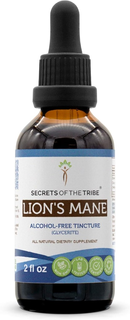 Secretos del Extracto de Tintura Libre de Alcohol de la Tribu León, Mane de León (Hericium erinaceus) Suplemento de Tintura de Secado (2 fl oz)