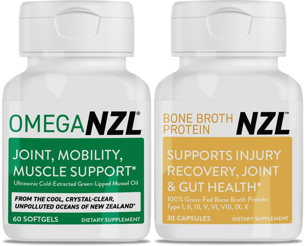 Omega-3 Suplemento Natural de Alivio Conjunto Soporte Natural del Musculo, Soporte Conjunto de aceite de mejillón verde, sin sabor a pescado, 60 Softgels Plus un Botella de Bote Broth Protein 30 cápsulas