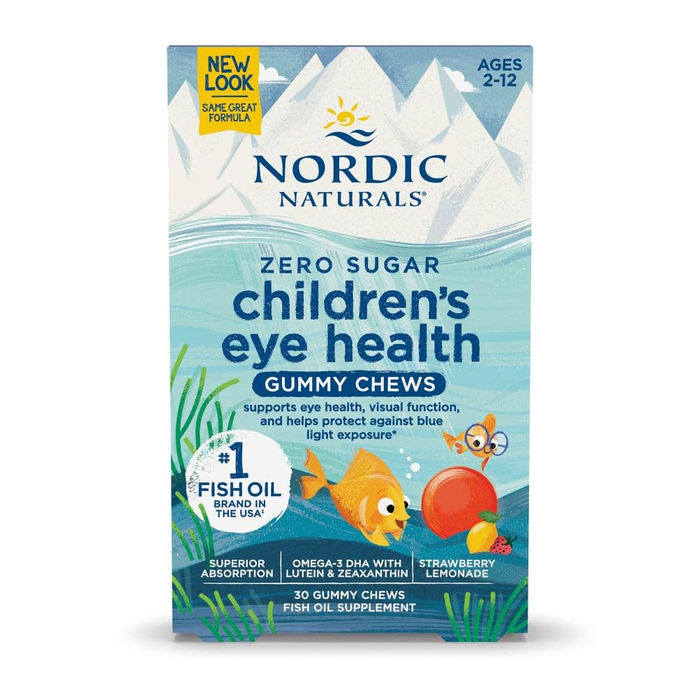 Naturales nórdicos Gummies de salud ocular infantil, limonada de fresa - 30 Gummies para niños - 484 mg Total Omega-3s DHA, Lutein " Zeaxanthin - Salud cerebral, soporte antioxidante, No GMO - 30 Servimientos