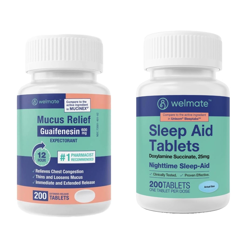 WELMATE Nighttime Wellness Bundle: Mucus Relief Guaifenesin 600mg Mucus Relief (200 Ct) & Doxylamine Succinate 25mg Sleep Aid (200 Ct) ← Extended Relief for Restful Sleep