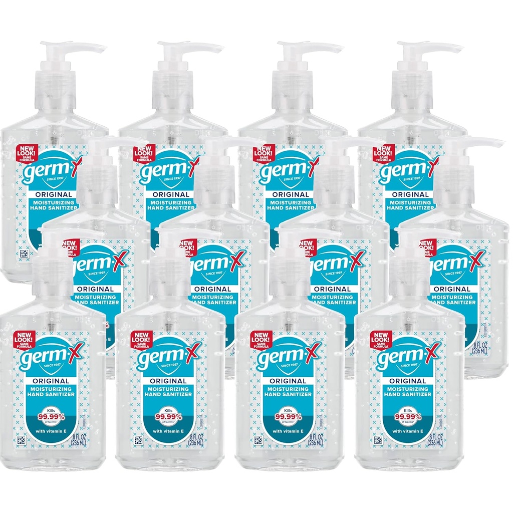 Germ-X Original Hand Sanitizer, Gel hidratante no irritante con vitamina E, Instant and No Rinse Fórmula, Volver a School Supplies College, 8 Fl Oz Pump Bottle (Pack of 12)