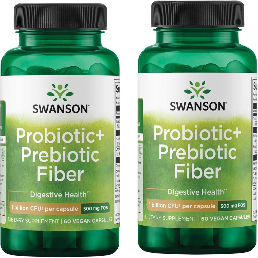 Swanson Prebiótico + Fibra Probiótica - Suplemento Natural Promoviendo el Sistema Digestivo & Immune Health Support - Ayudas Regularidad & GI Tract Health - (60 cápsulas, 500 millones de CFU cada uno) (2 Pack)