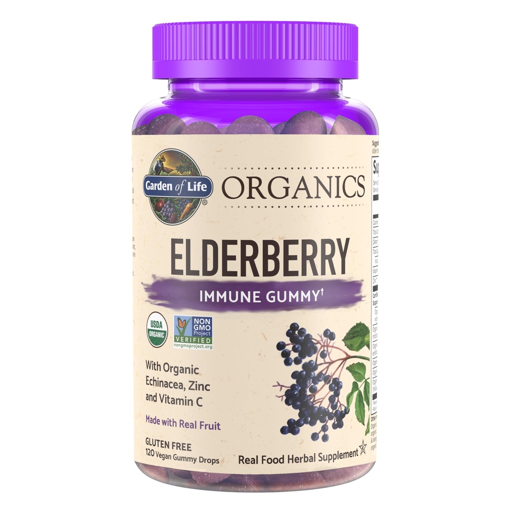Garden of Life Organics Elderberry Gummies for Adults &amp; Kids - Immune Support Supplement with Organic Fruit, Herbal Blend, Elderberry, Echinacea, Zinc, Vitamin C, 120 Vegan Gluten Free Gummies