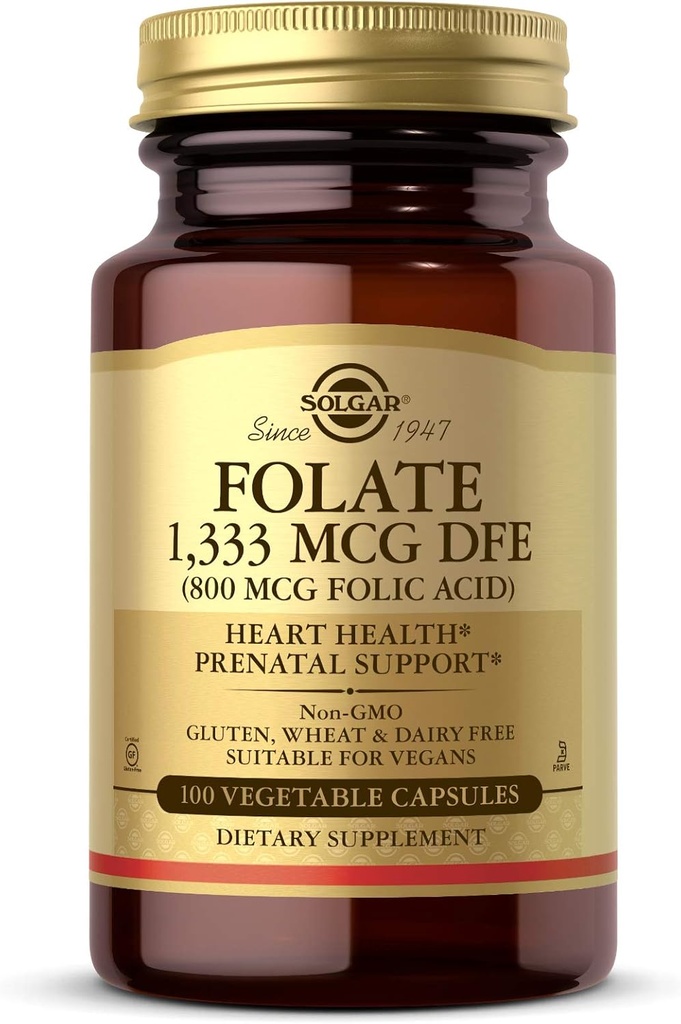 Solgar Folate 1,333 mcg Dietary Folate Equivalent (800 mcg Folic Acid), 100 cápsulas vegetales - Heart Health, Healthy Nervous System, Prenatal Support - Non-GMO, Vegan, Gluten Free - 100 Servings