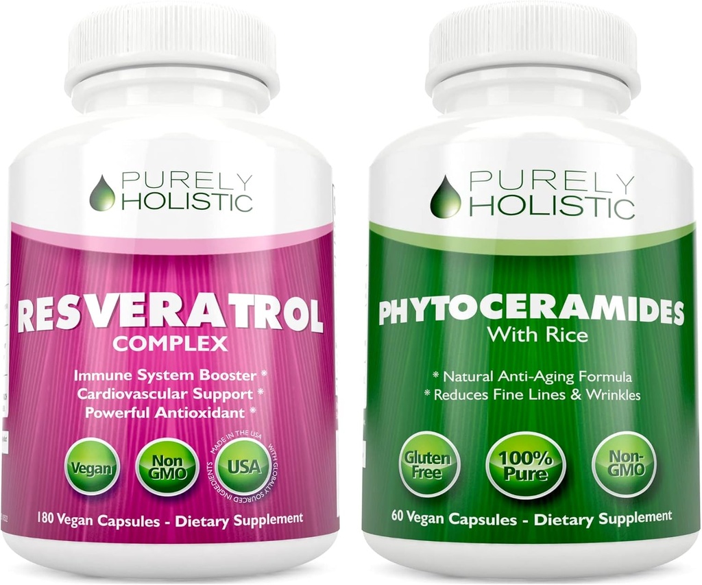 Puramente Holística Resveratrol 1450mg + Fitoceramides Terapia de la piel - Bundle vegano - 180 + 60 cápsulas - Empaquetado con antioxidantes de la patente - Hecho en EE.UU.