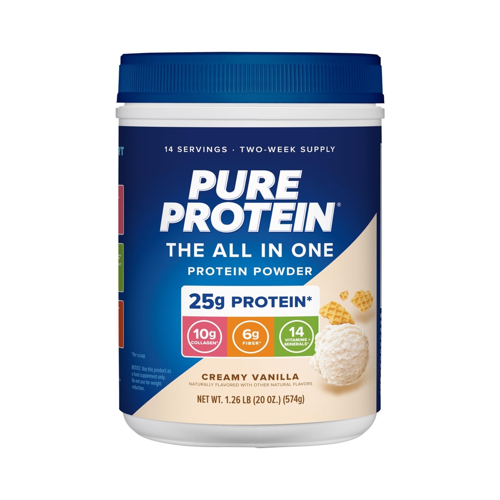 Pura proteína todo en un solo polvo, vainilla - Whey &amp; Collagen, fibra alta, vitaminas, azúcar no agregado, no GMO, libre de gluten, 1,25lb