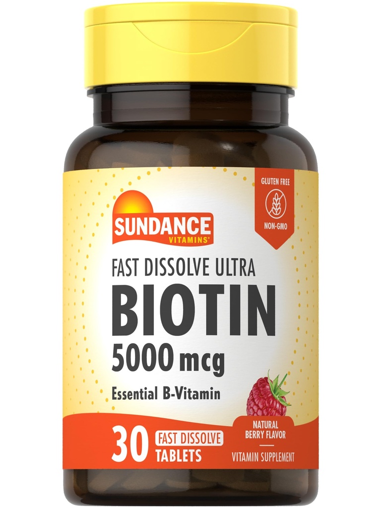 Sundance Fast Dissolve Biotin 5000mcg ← 30 Tablets ← Essential B-Vitamin ← Natural Berry Flavor  Vegetarian, Non-GMO, and Gluten Free Supplement
