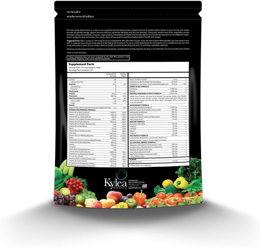 Total Living Drink Greens Superfood Powder - (2.65 lbs Bag, 30 Servings, 60 Ingredientes) - Enzymes, Antioxidantes, Herbs, Probióticos, Vitaminas y Minerales.