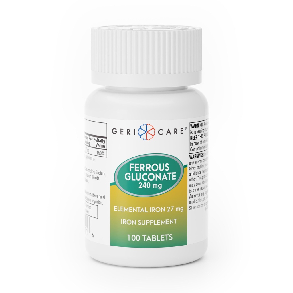 Gericare Iron 27mg Ferrous Gluconate 240mg, Iron & Energy Suplement, 100 Conde (Pack of 1)