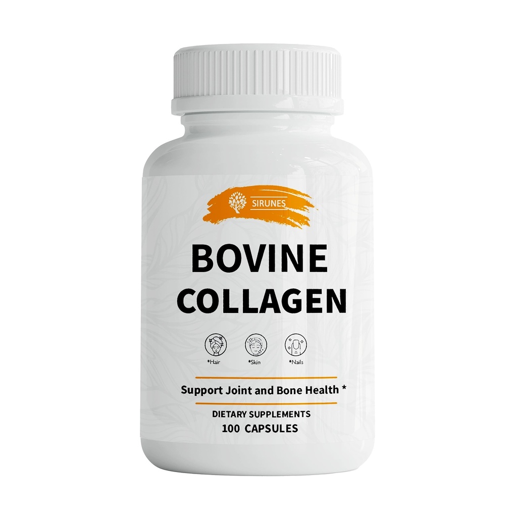 SIRUNES Bovine Collagen Suplementos para Hombres y Mujeres I Hidrolyzed Grass Fed Bovine Collagen Peptides Suplemento dietético para Soporte Conjunto, Nerve & Bone - Non-GMO, Anti-Aging - 100 cápsulas