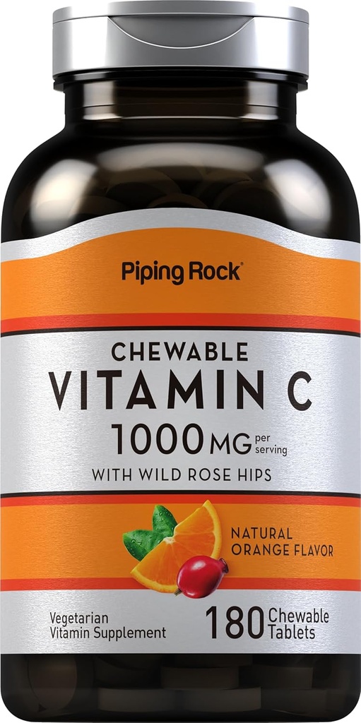 Piping Rock Vitamina C Chewable 1000mg Silencio 180 Tablets ← Orange Flavor ← Vegetariano, No-GMO, Gluten Suplemento Gratis