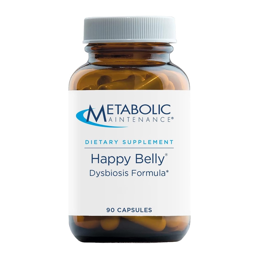 Mantenimiento metabólico Happy Belly - Gut, GI + Detox Soporte con ácido caprílico, nuez negra, hoja de oliva + suplemento de frambuesa - Ayuda Mantener la salud digestiva normal + equilibrio (90 cápsulas)