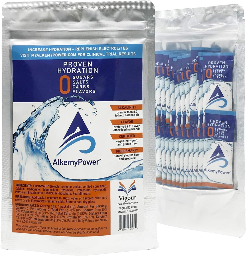 AlkemyPowerTM Hydration Electrolyte Powder, No Azúcares, Salts, Carbs, Flavors o Calories, 100% Natural, Conveniente Stick Pack, 30 Condes