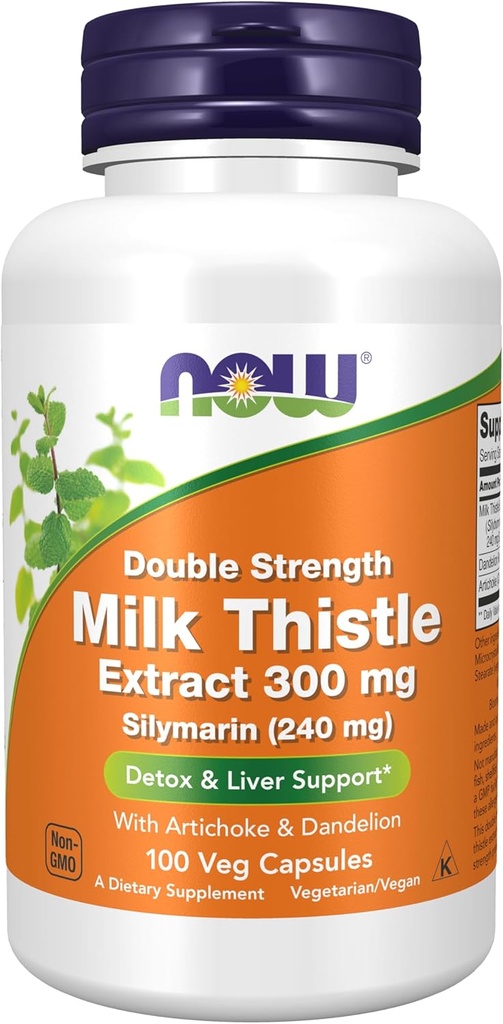 AHORA Suplementos de alimentos, Silymarin Milk Thistle Extrae 300 mg con Artichoke y Dandelion, Doble fuerza, soporta la función del hígado*, 100 cápsulas de Veg