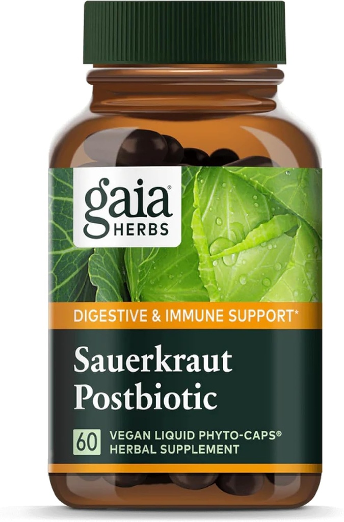 Gaia Herbs Sauerkraut Postbiótico - Natural Gut Health & Immune Support Suplemento - Hecho con Sauerkraut fermentado - Gratis de Dairy, Soy & Gluten - 60 cápsulas Vegan (30 servidos)