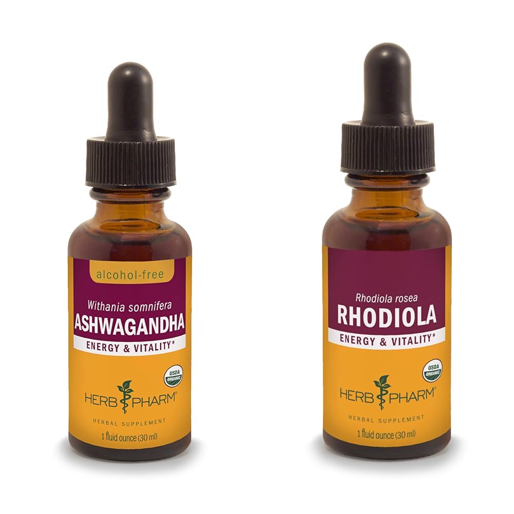 Herb Pharm Ashwagandha & Rhodiola Extracts for Energy, Vitality, Endurance &amp; Stamina, Alcohol-Free Glycerite & Organic Cane Alcohol, 1 Oz Cada uno